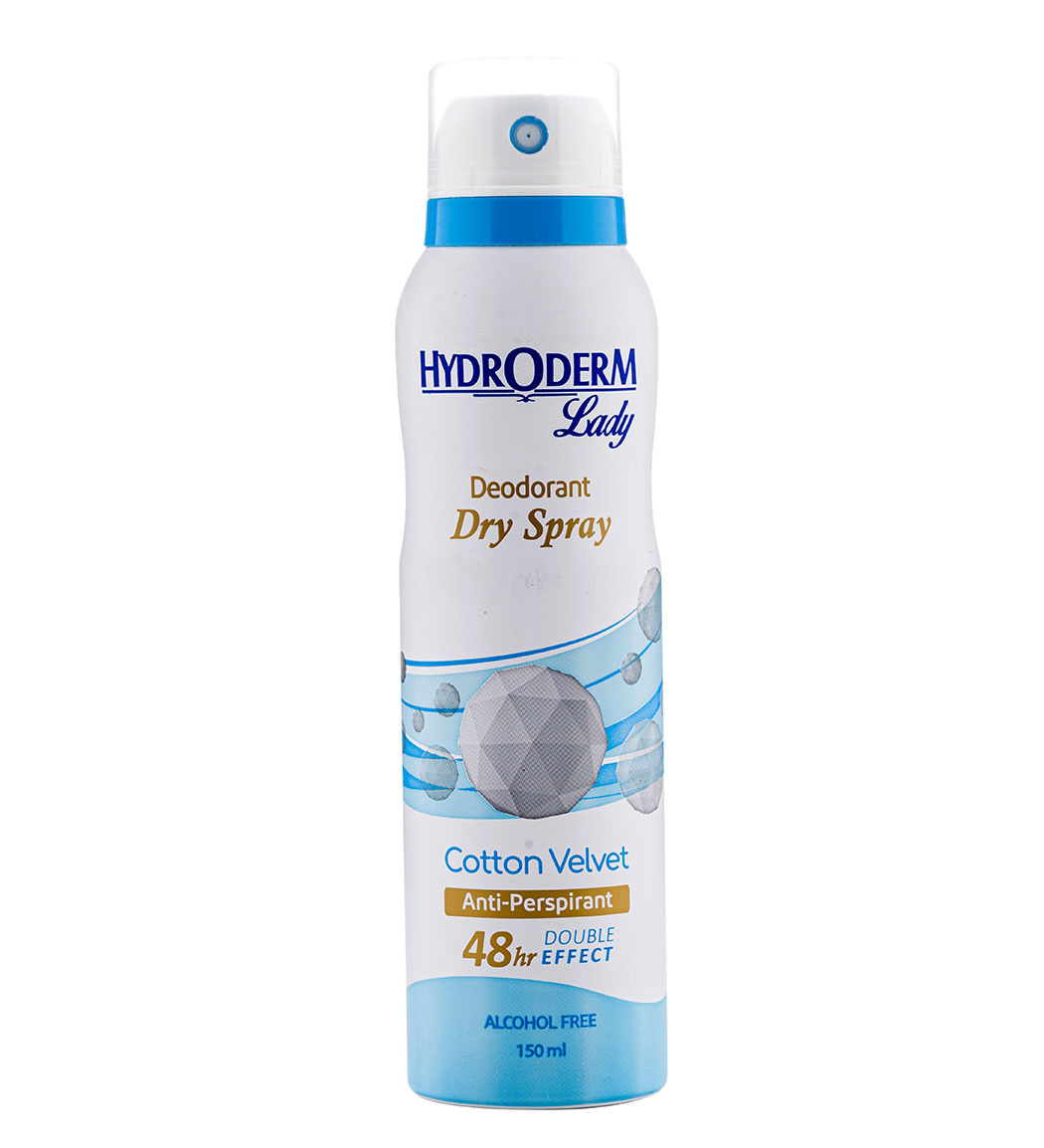 اسپری دئودورانت بانوان ضد عرق Lady مناسب پوست خیلی خشک 150میل Hydroderm Lady Cotton Velvet Deodorant Dry Spray 150ml