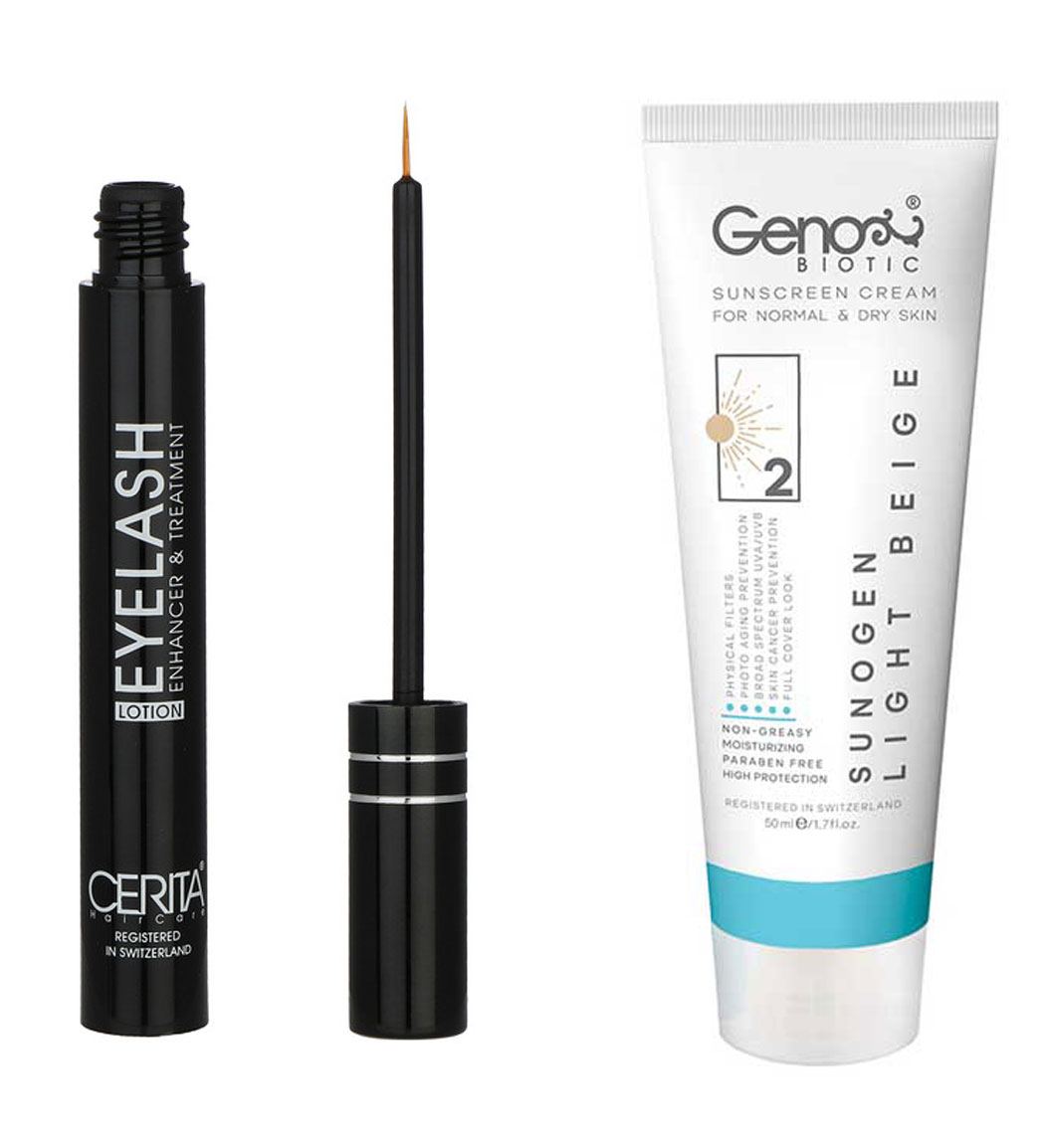 پک محلول تقویت کننده مژه سریتا و ضد آفتاب رنگی مناسب پوست خشک SPF50 رنگ بژ روشن